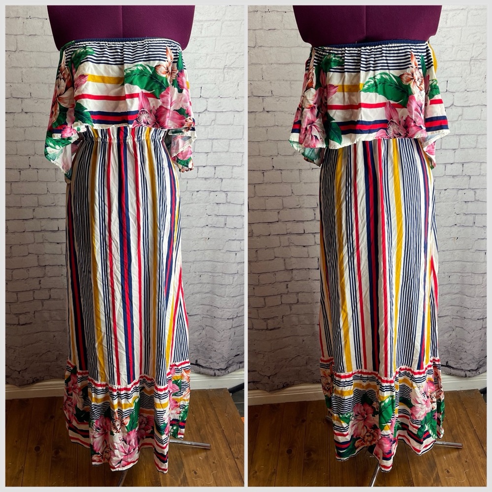 Flying tomato size medium off the shoulder maxi dress colorful stripes & floral